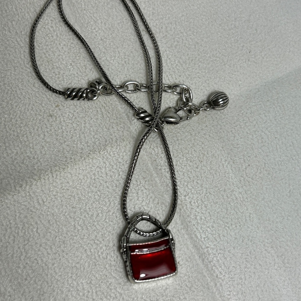 Brighton Red Purse Charm Necklace Silver Plated Enamel 16" Adjustable - Picture 5 of 10